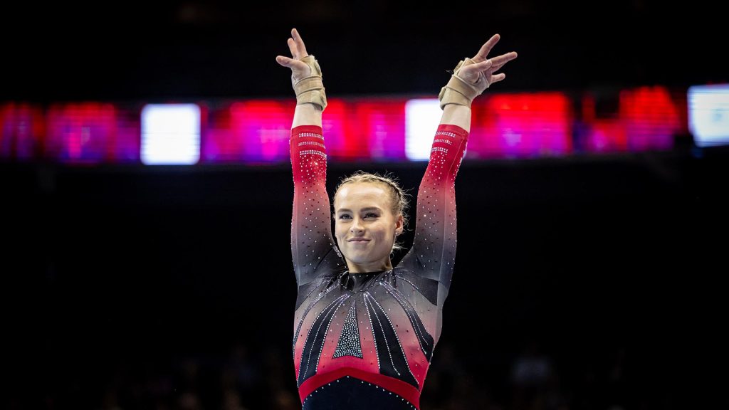 Canadian Gymnast Ellie Black with her hands raised in the air