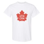 A white t-shirt with the red GymCan logo on it.