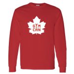 A red sweatshirt with the white GymCan logo on it.