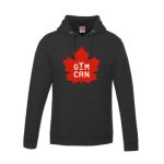 A black hooded sweatshirt with the red GymCan logo on it.