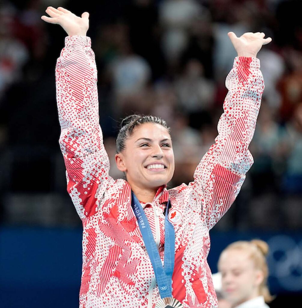 Team Canada’s Sophiane Methot celebrates her bronze medal in women's trampoline gymnastics at the 2024 Paris Olympic Games in France on Friday, August 2, 2024. Photo by Kevin Light/COC