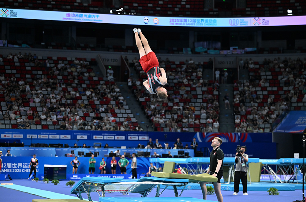 Trampoline gymnast Gavin Dodd in mid-air